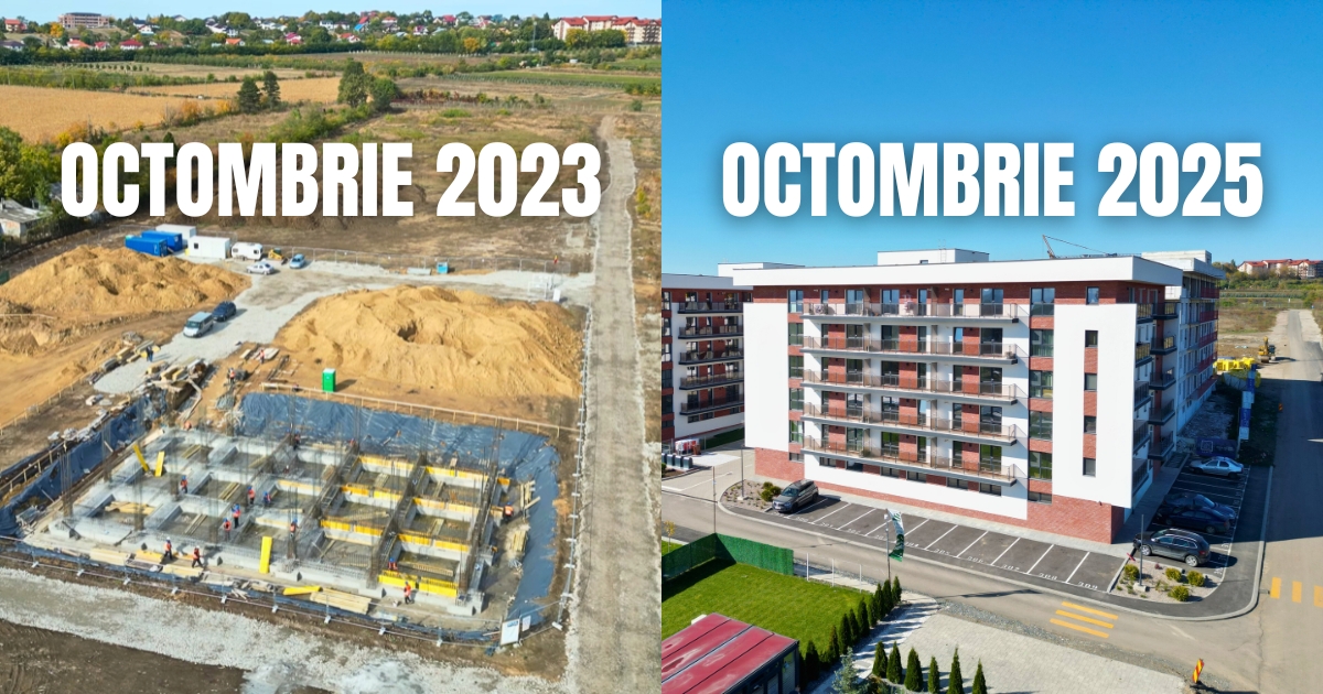 Evoluția proiectului Lapis Residence din Iași între 2023 și 2025, cu imagini comparative ale construcției și blocurilor finalizate