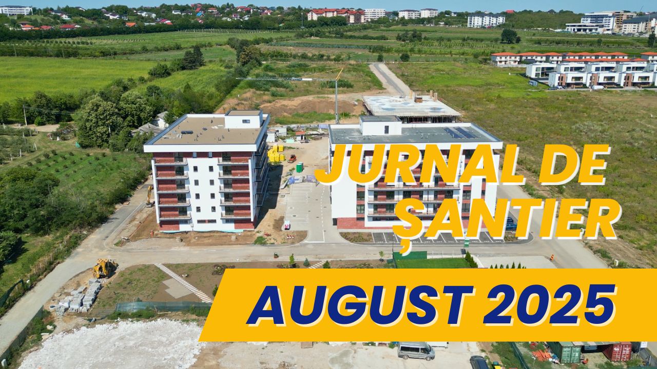 Lucrări în desfășurare la Lapis Residence Iași – spații verzi finalizate la blocul L2, parcări și căi de acces la blocul L1, zidărie în lucru la blocul L4 (august 2025)