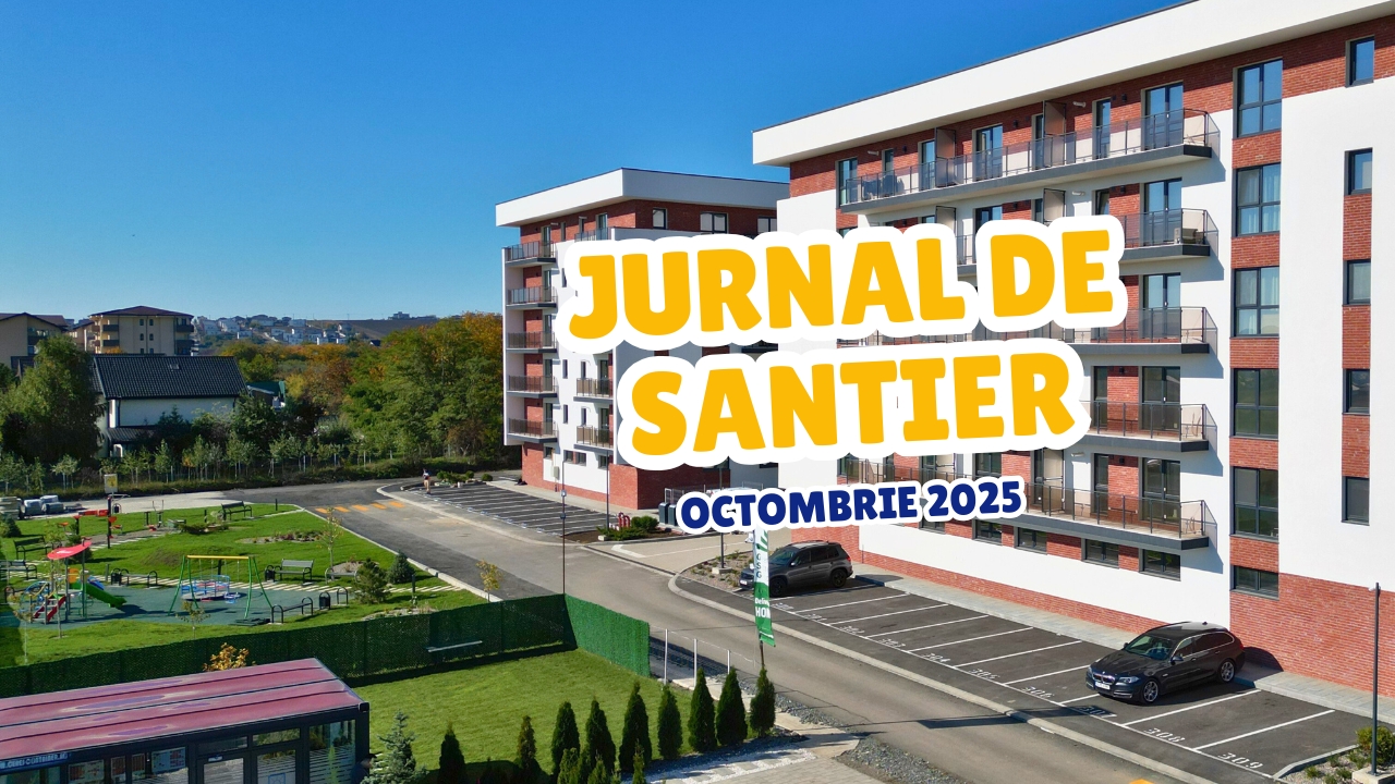 Lucrări în desfășurare la Lapis Residence Iași – parcări finalizate la blocul L1, zidărie până la etajul 4 la blocul L4 și parc cu loc de joacă aproape finalizat (octombrie 2025)